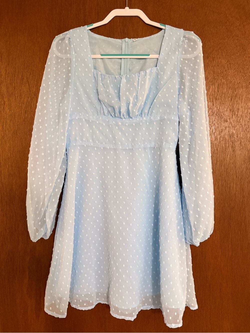 Light Blue Swiss Dot Mini Dress with Long Sheer Sleeves